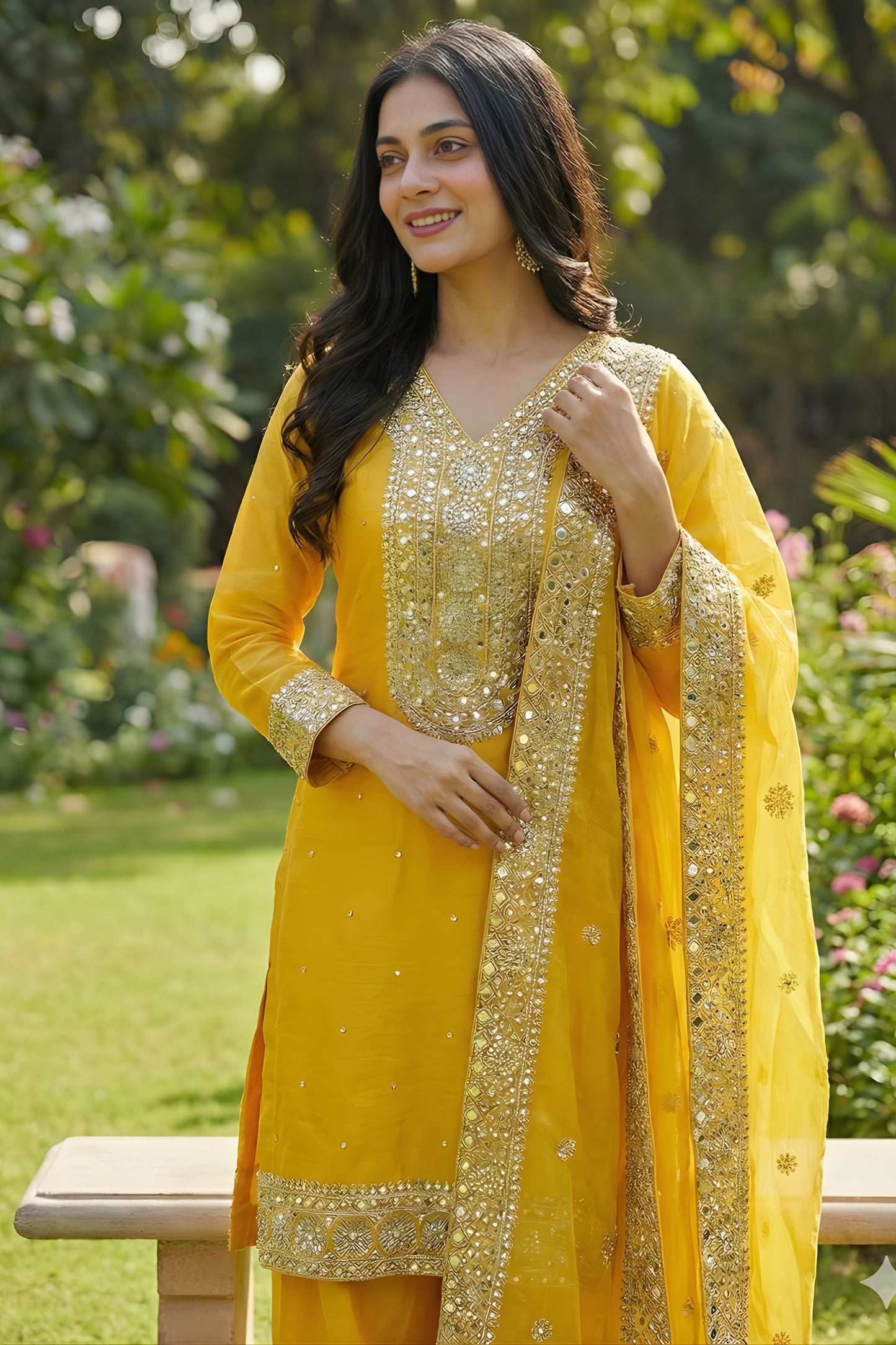 Wonderful Mustard Yellow Pure Fendy Silk Heavy Embroidered Straight Salwar Suit Dupatta
