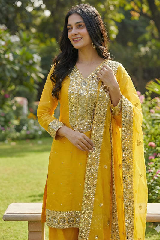 Wonderful Mustard Yellow Pure Fendy Silk Heavy Embroidered Straight Salwar Suit Dupatta