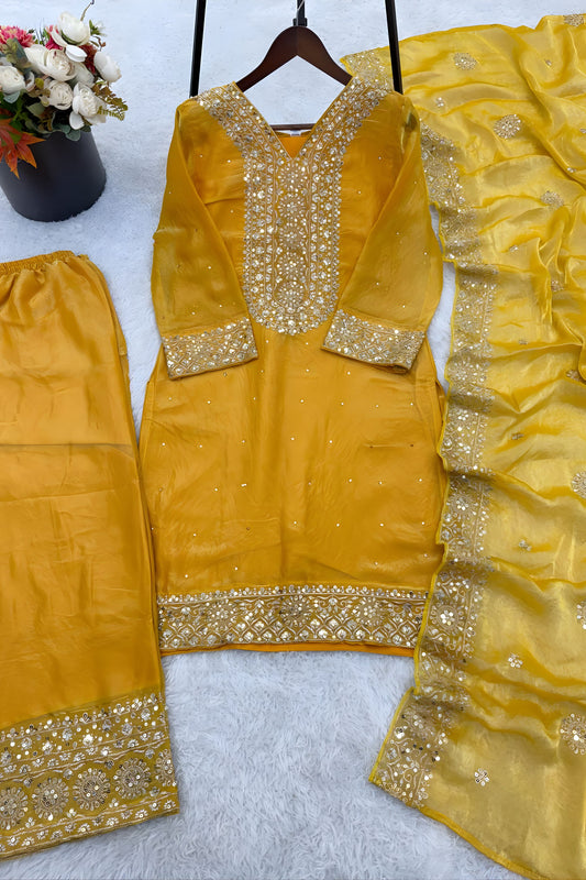 Wonderful Mustard Yellow Pure Fendy Silk Heavy Embroidered Straight Salwar Suit Dupatta