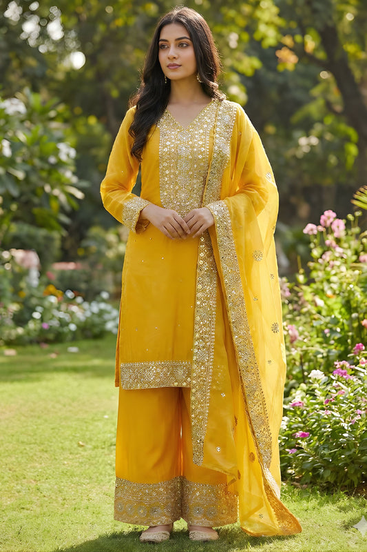 Wonderful Mustard Yellow Pure Fendy Silk Heavy Embroidered Straight Salwar Suit Dupatta