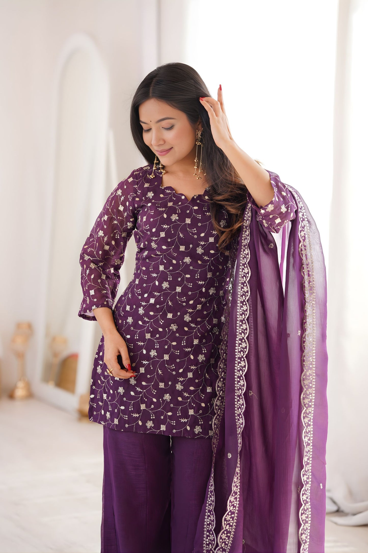 Stylish Purple Heavy Embroidered Straight Palazzo Suit Dupatta for Wedding
