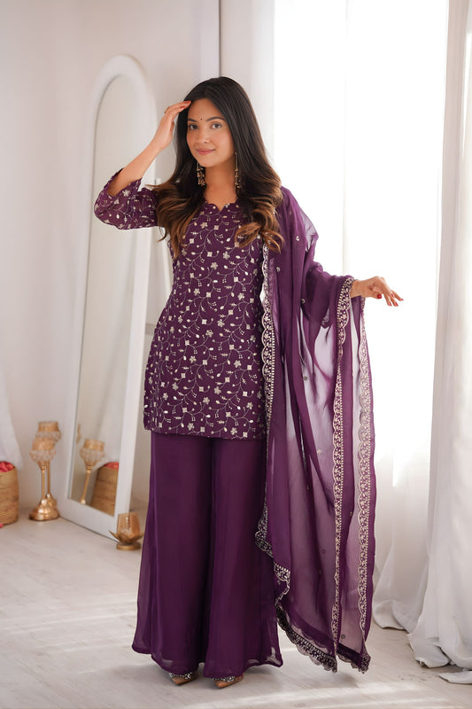 Stylish Purple Heavy Embroidered Straight Palazzo Suit Dupatta for Wedding