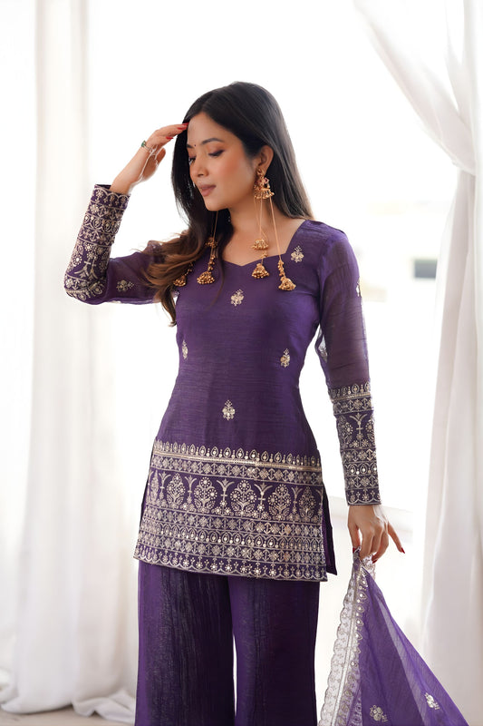 Royal Purple Heavy Embroidered Straight Palazzo Suit Dupatta