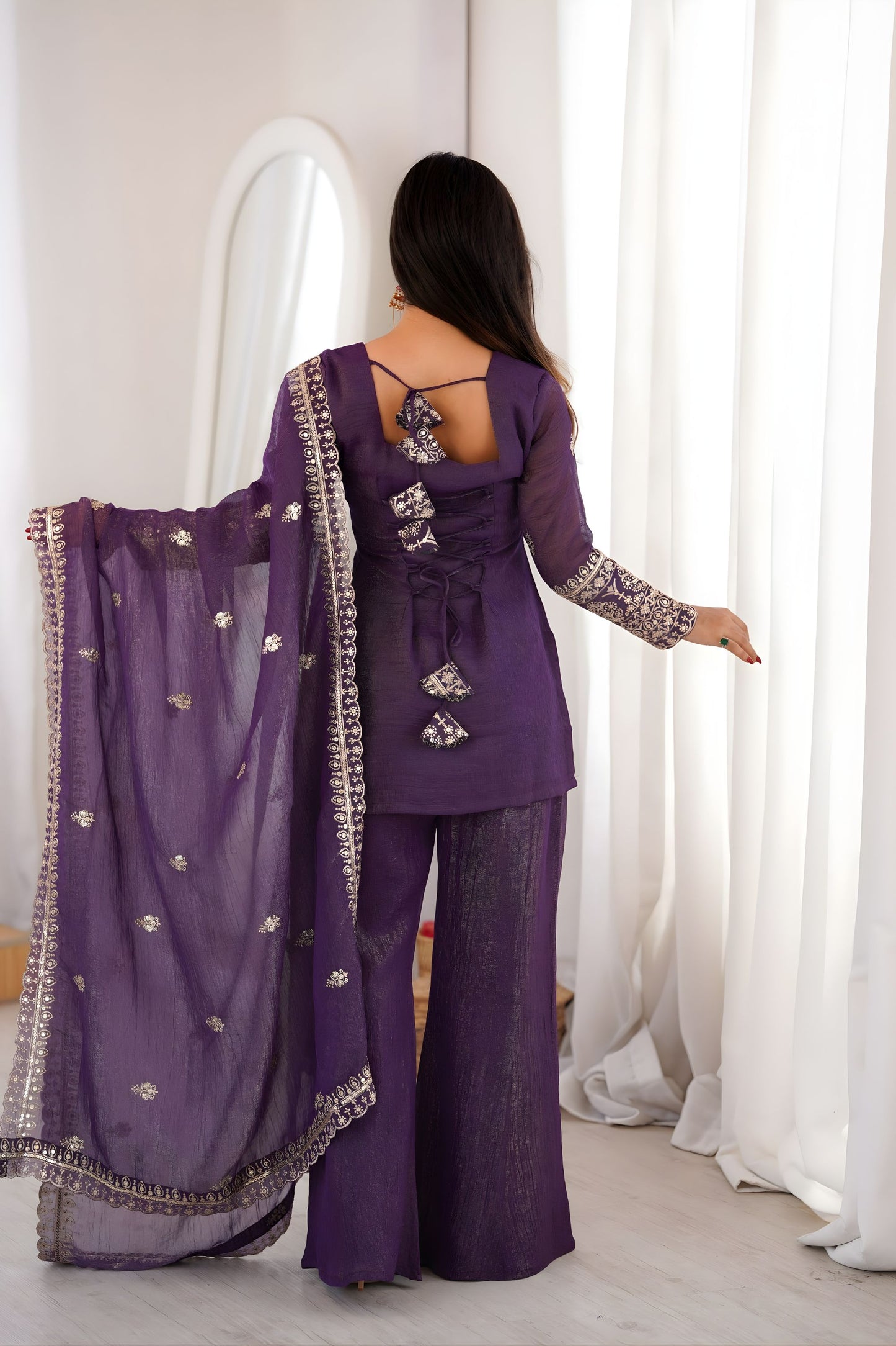 Royal Purple Heavy Embroidered Straight Palazzo Suit Dupatta