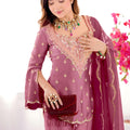 Elegant Rose Pink Heavy Simar Silk Heavy Embroidered Straight Palazzo Suit Dupatta