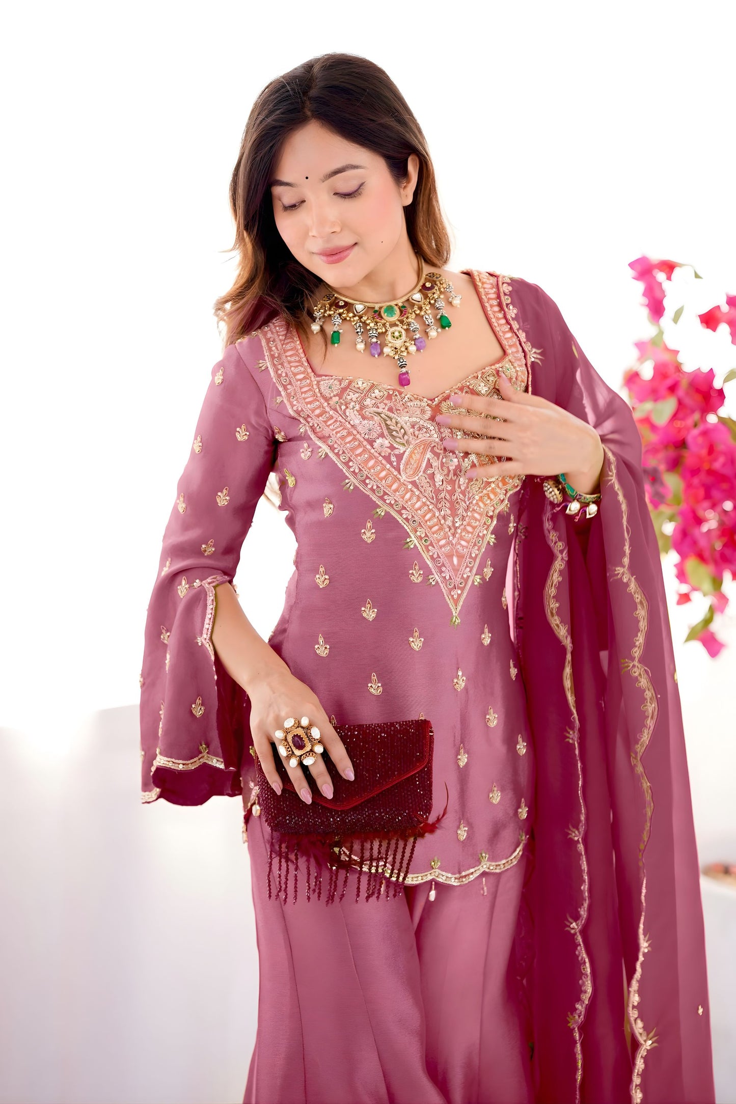 Elegant Rose Pink Heavy Simar Silk Heavy Embroidered Straight Palazzo Suit Dupatta