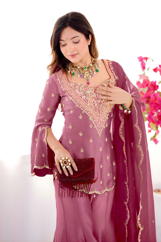 Elegant Rose Pink Heavy Simar Silk Heavy Embroidered Straight Palazzo Suit Dupatta