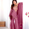 Elegant Rose Pink Heavy Simar Silk Heavy Embroidered Straight Palazzo Suit Dupatta