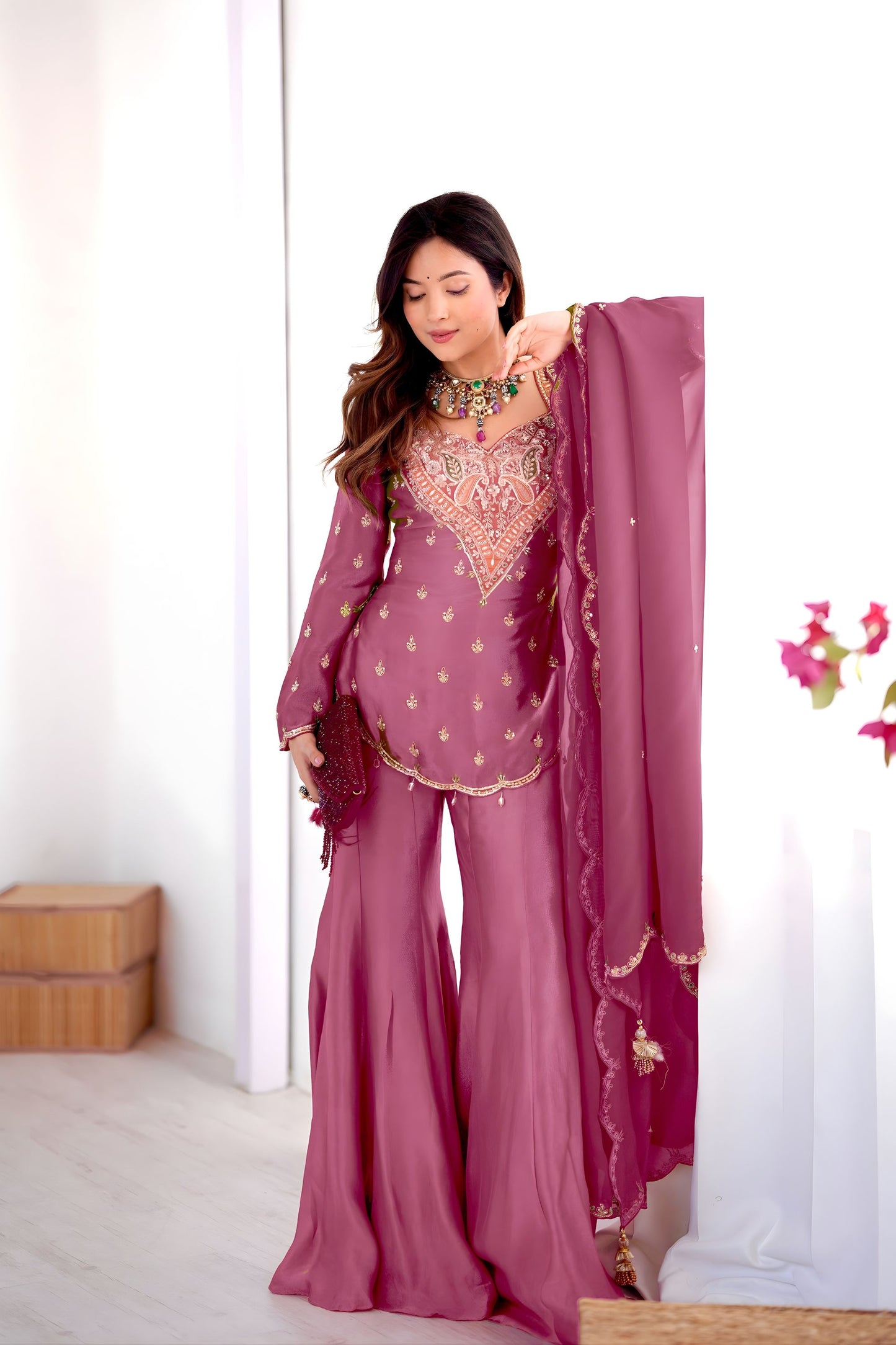 Elegant Rose Pink Heavy Simar Silk Heavy Embroidered Straight Palazzo Suit Dupatta