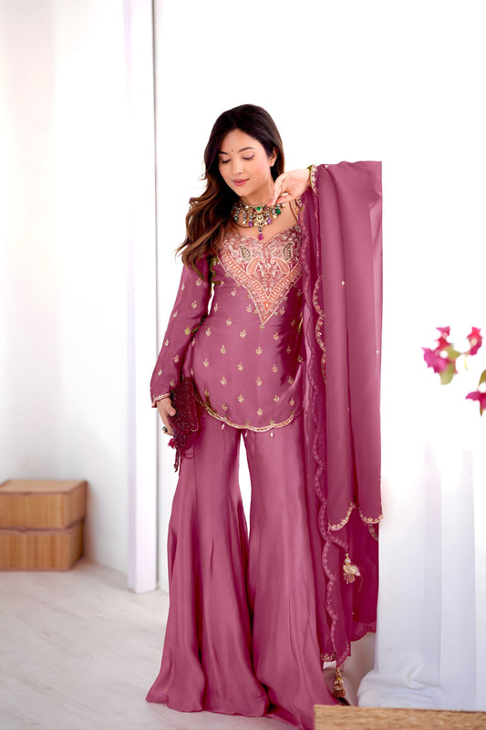Elegant Rose Pink Heavy Simar Silk Heavy Embroidered Straight Palazzo Suit Dupatta