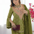 Elegant Olive Green Heavy Simar Silk Heavy Embroidered Straight Palazzo Suit Dupatta