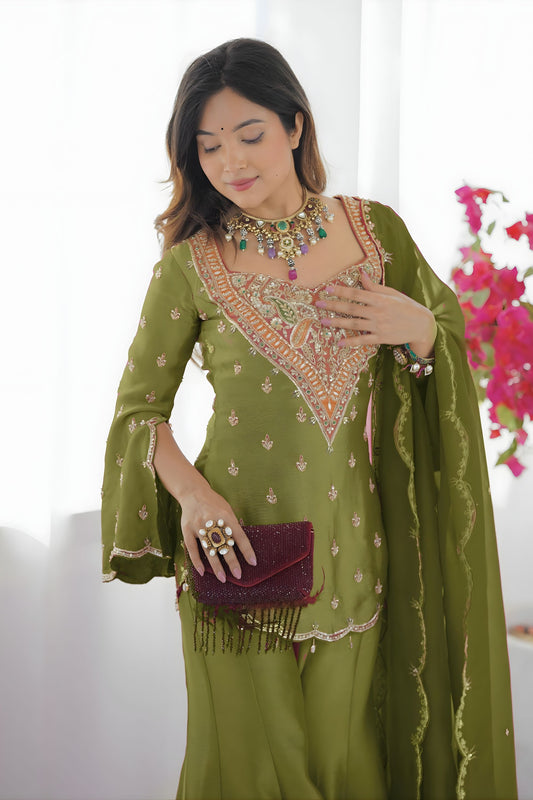 Elegant Olive Green Heavy Simar Silk Heavy Embroidered Straight Palazzo Suit Dupatta