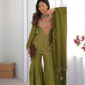 Elegant Olive Green Heavy Simar Silk Heavy Embroidered Straight Palazzo Suit Dupatta