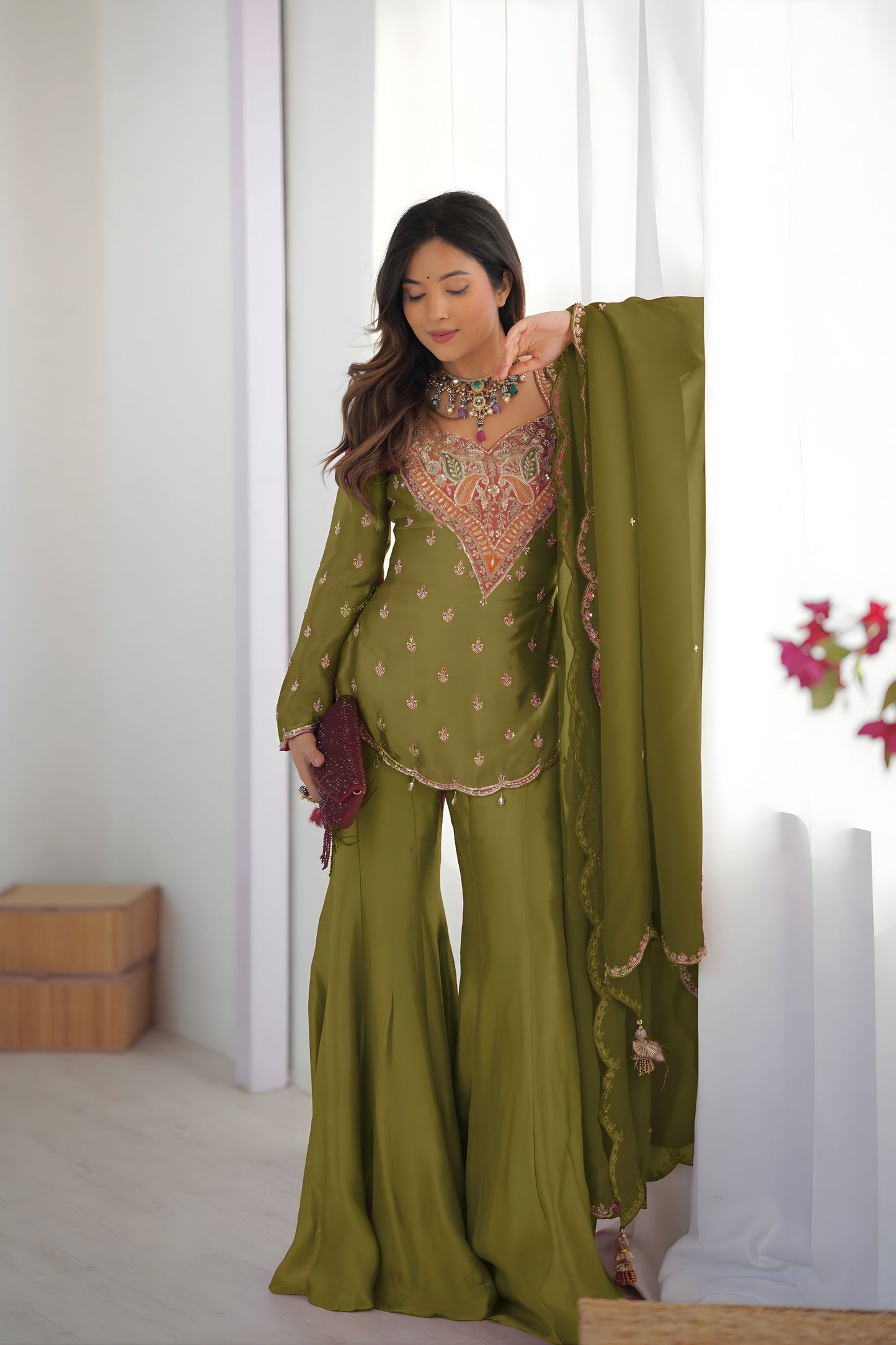 Elegant Olive Green Heavy Simar Silk Heavy Embroidered Straight Palazzo Suit Dupatta