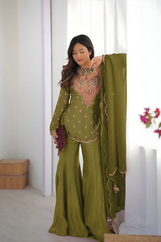 Elegant Olive Green Heavy Simar Silk Heavy Embroidered Straight Palazzo Suit Dupatta