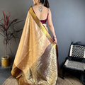 Beige Kanchipuram Silk Saree Rich Zari Weaving Maroon Border
