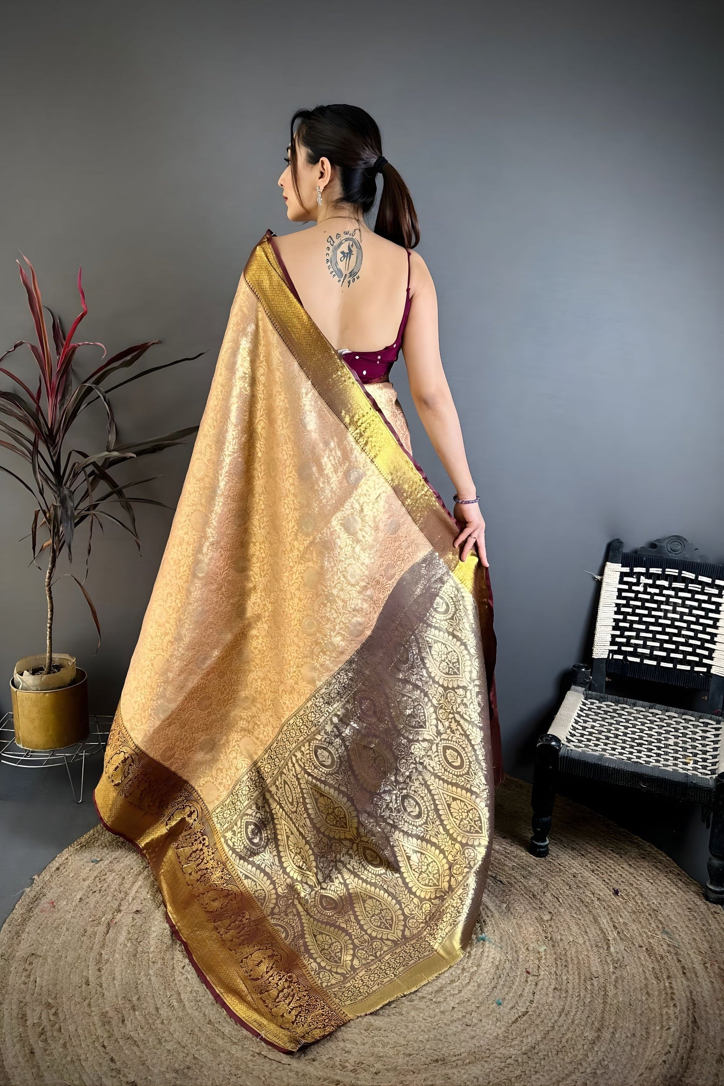 Beige Kanchipuram Silk Saree Rich Zari Weaving Maroon Border