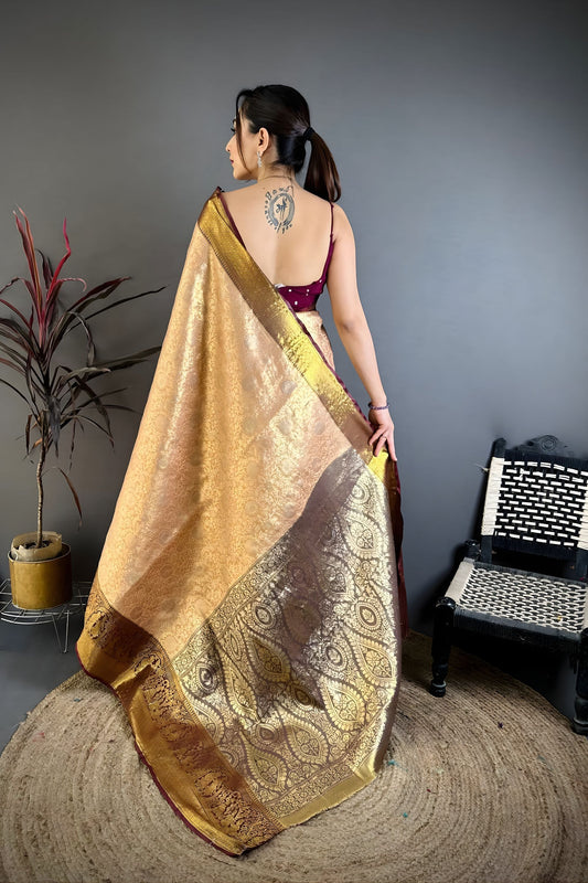 Beige Kanchipuram Silk Saree Rich Zari Weaving Maroon Border