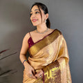 Beige Kanchipuram Silk Saree Rich Zari Weaving Maroon Border