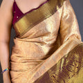 Beige Kanchipuram Silk Saree Rich Zari Weaving Maroon Border