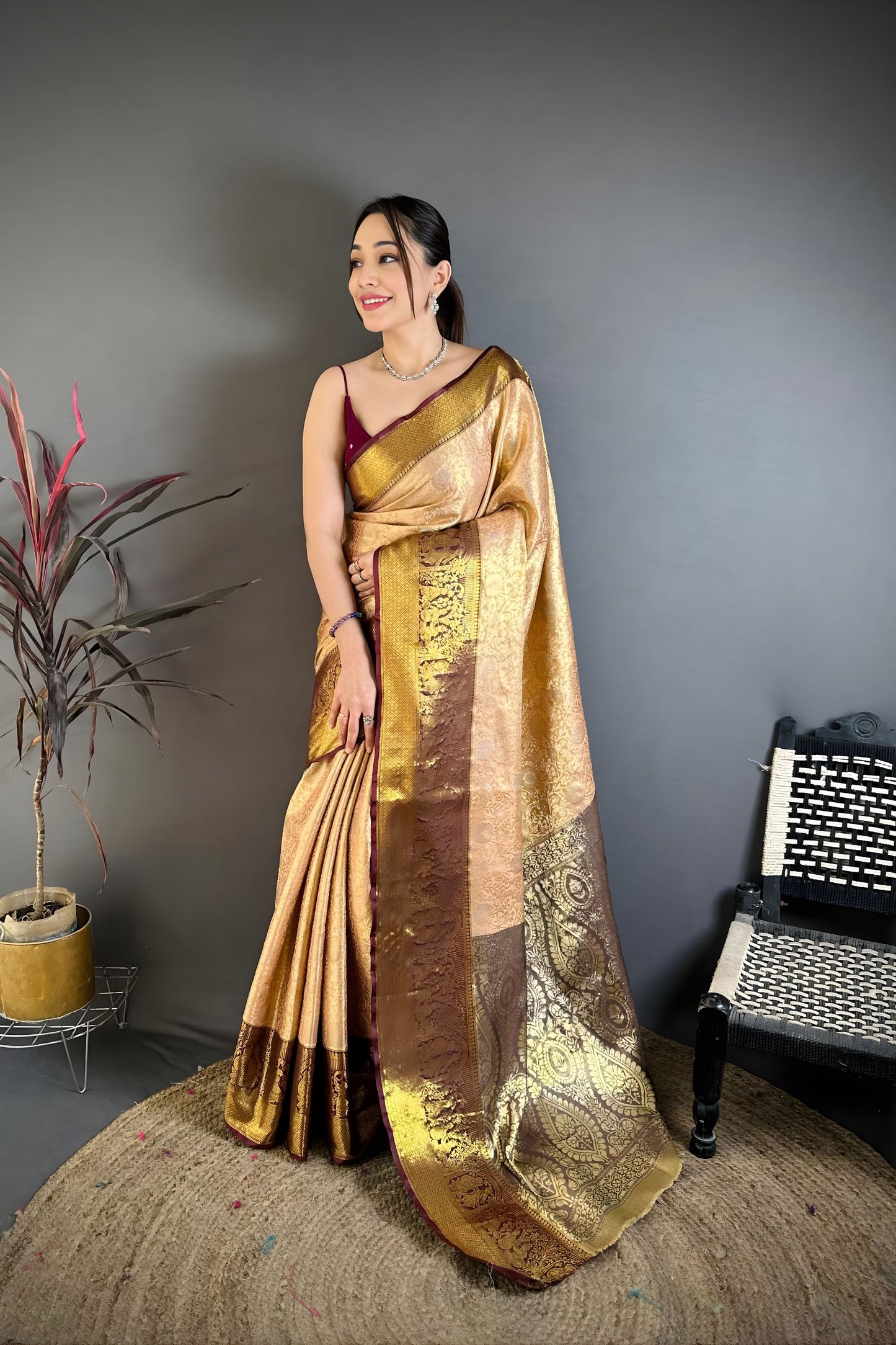 Premium Golden Beige Kanchipuram Silk Saree Rich Zari Weaving Maroon Border 
