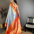 Sky Blue Kanchipuram Silk Saree With Rich Orange Zari Border Pallu
