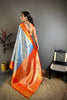 Sky Blue Kanchipuram Silk Saree With Rich Orange Zari Border Pallu