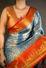 Sky Blue Kanchipuram Silk Saree With Rich Orange Zari Border Pallu