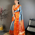 Royal Sky Blue Kanchipuram Silk Saree With Rich Orange Zari Border Pallu