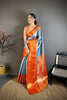 Royal Sky Blue Kanchipuram Silk Saree With Rich Orange Zari Border Pallu