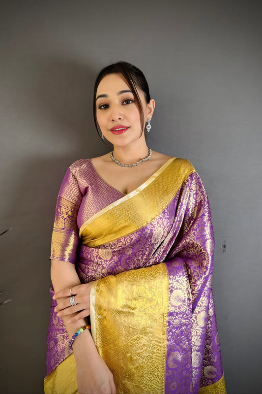 Elegant Purple Kanchipuram Silk Saree with Rich Golden Zari Border Grand Pallu