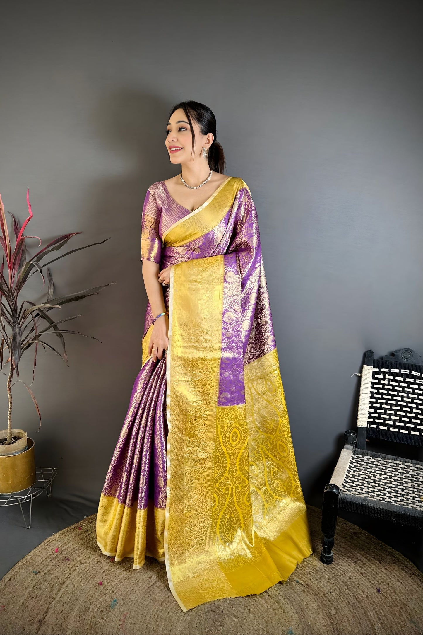 Elegant Purple Kanchipuram Silk Saree with Rich Golden Zari Border Grand Pallu