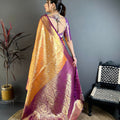 Royal Orange Kanchipuram Silk Saree with Rich Purple Zari Border Woven Pallu
