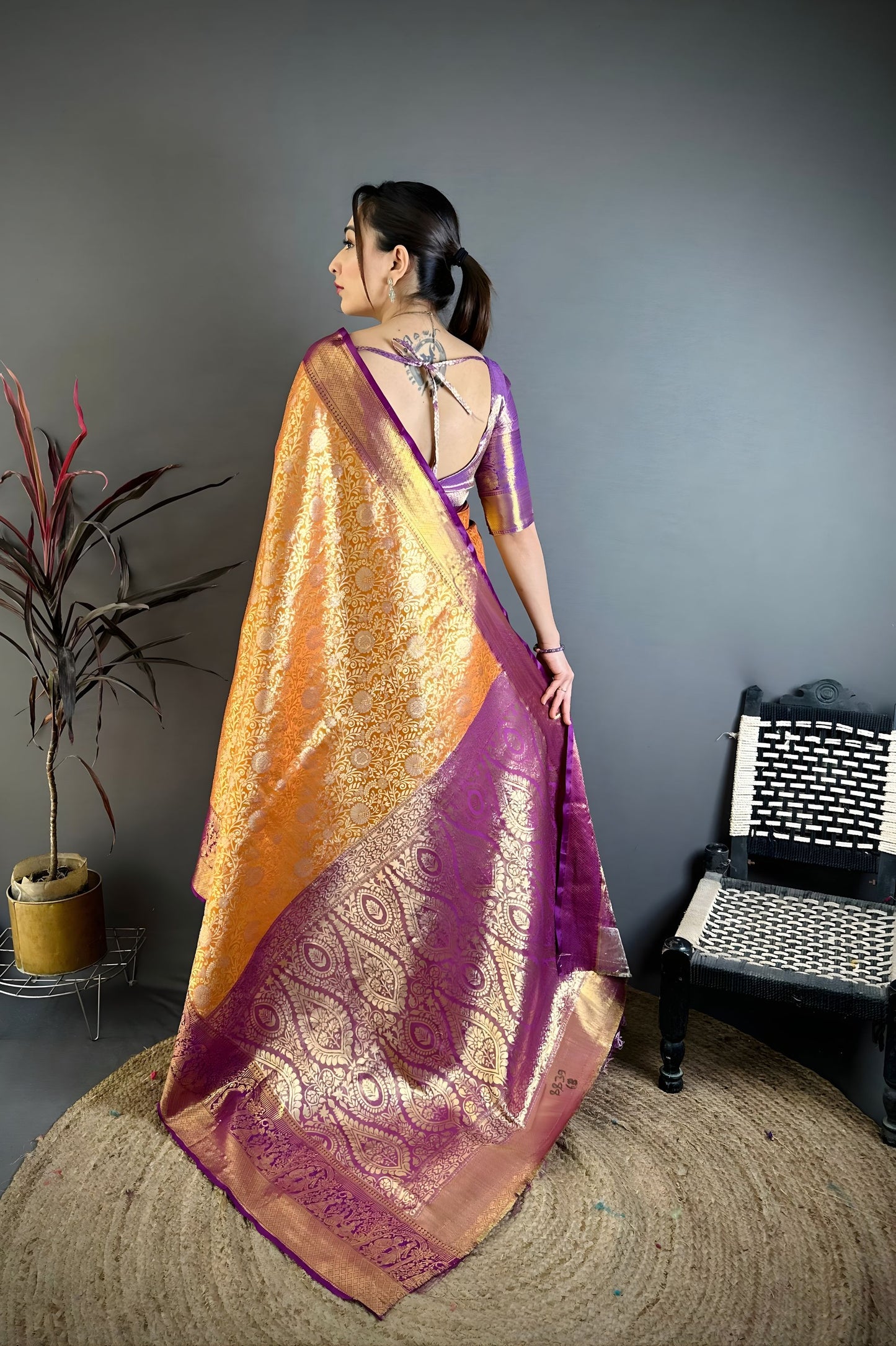 Royal Orange Kanchipuram Silk Saree with Rich Purple Zari Border Woven Pallu