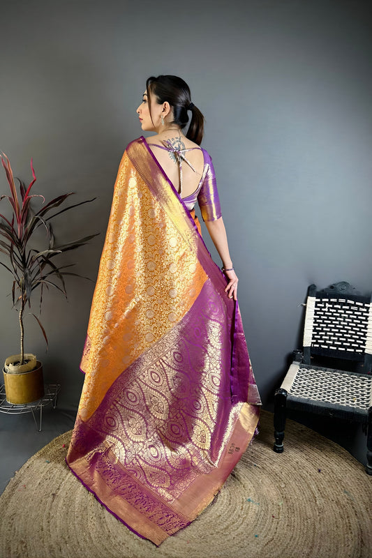 Royal Orange Kanchipuram Silk Saree with Rich Purple Zari Border Woven Pallu