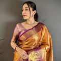Royal Orange Kanchipuram Silk Saree with Rich Purple Zari Border Woven Pallu
