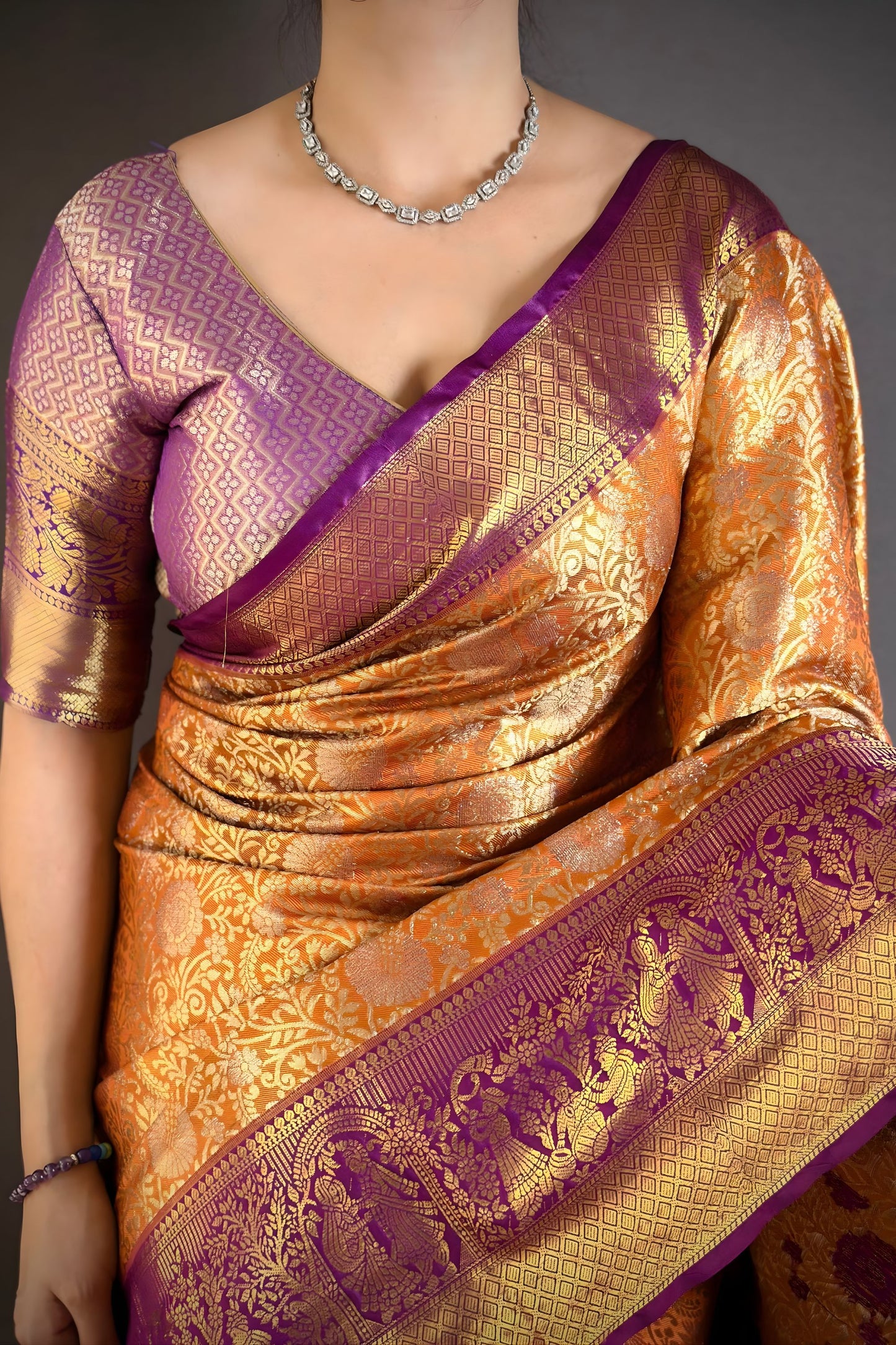 Royal Orange Kanchipuram Silk Saree with Rich Purple Zari Border Woven Pallu