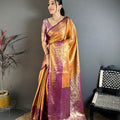 Royal Orange Kanchipuram Silk Saree with Rich Purple Zari Border Woven Pallu