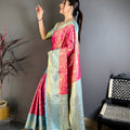 Stunning Rani Pink Kanchipuram Silk Saree with Sky Blue Zari Border Pallu