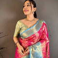 Stunning Rani Pink Kanchipuram Silk Saree with Sky Blue Zari Border Pallu