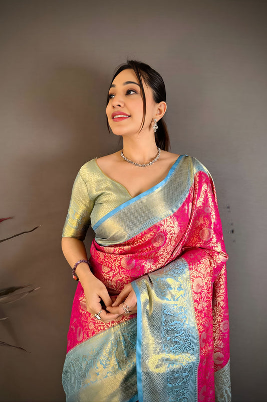 Stunning Rani Pink Kanchipuram Silk Saree with Sky Blue Zari Border Pallu