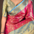 Stunning Rani Pink Kanchipuram Silk Saree with Sky Blue Zari Border Pallu