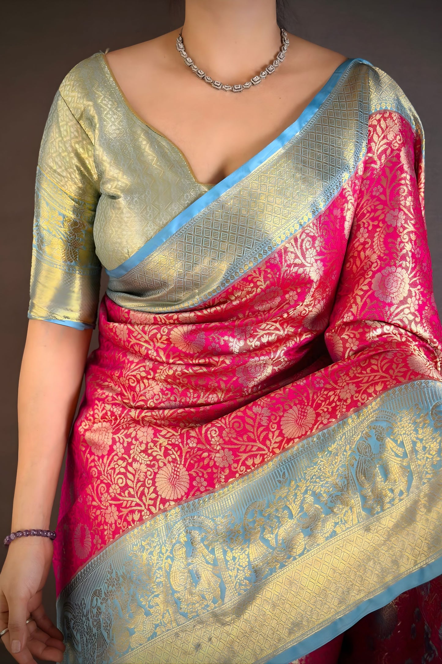 Stunning Rani Pink Kanchipuram Silk Saree with Sky Blue Zari Border Pallu