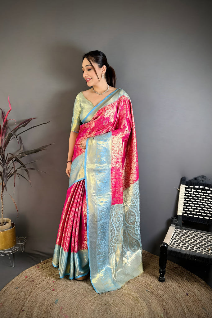 Stunning Rani Pink Kanchipuram Silk Saree with Sky Blue Zari Border Pallu 