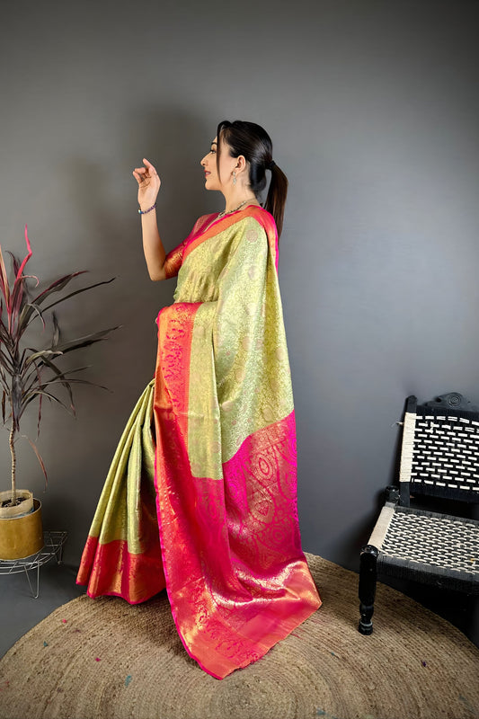 Elegant Pista Green Kanchipuram Silk Saree with Rani Pink Pallu
