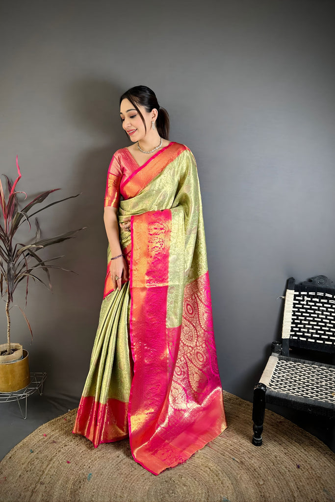 Elegant Pista Green Kanchipuram Silk Saree with Rani Pink Pallu