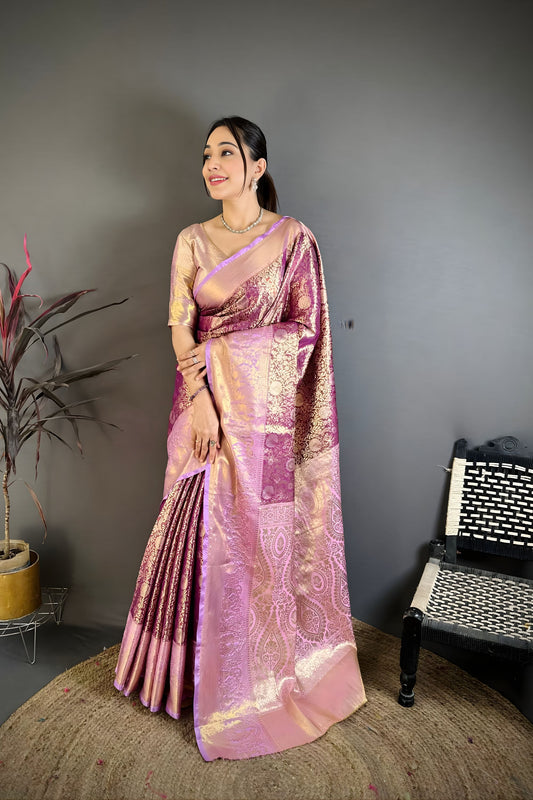 Elegant Purple Kanchipuram Silk Saree with Pink Designer Pallu