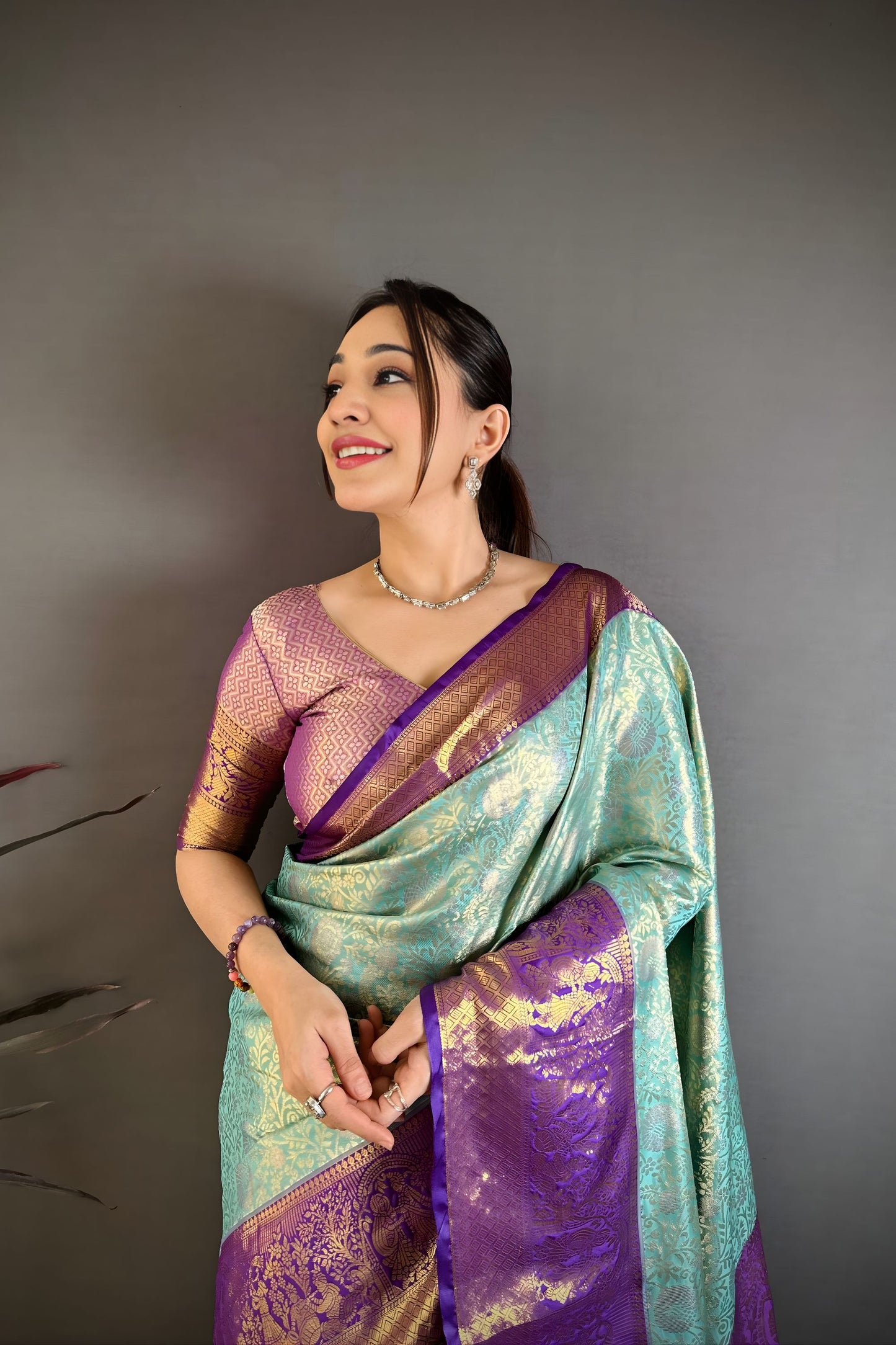 Lovely Sky Blue Kanchipuram Silk Saree Royal Purple Pallu