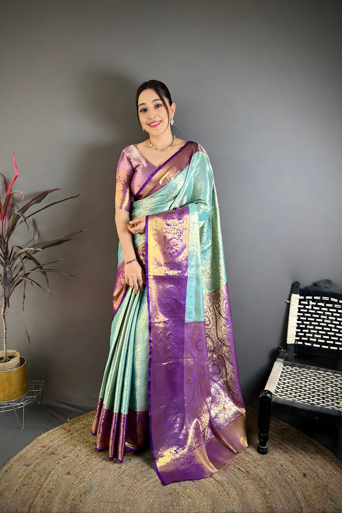 Lovely Sky Blue Kanchipuram Silk Saree Royal Purple Pallu 