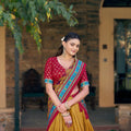 Stunning Mustard Yellow Tasar Silk Printed Lehenga Choli Multicolor Dupatta for Navratri